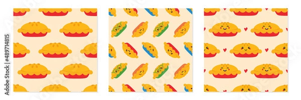 Fototapeta Set, collection of three vector seamless pattern background with apple pies and colorful pie characters for food design.
