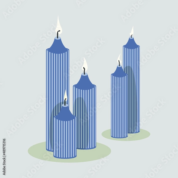 Obraz burning tall candles, five pieces, blue