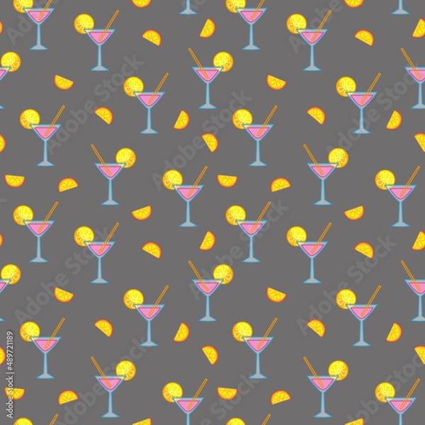 Fototapeta Seamless pattern with pink alcoholic cocktail Margarita, lime and straw on a gray background. Vector illustration in a minimalistic flat style, hand drawn. Print for textiles.