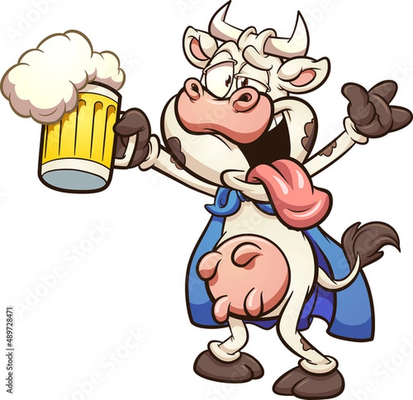 Fototapeta Cartoon drunk super cow holding a beer. Vector clip art illustration with simple gradients. All on a single layer.
