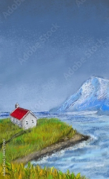 Fototapeta Color illustration of a house on the seashore. A small house with a red roof is painted against a gloomy sky, mountains and a rolling sea. Idea for colored books and cards