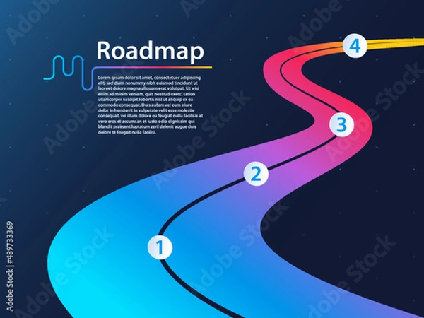 Fototapeta Roadmap infographic as configurable dark template with milestones. Business presentation for project or business initiative timeline.