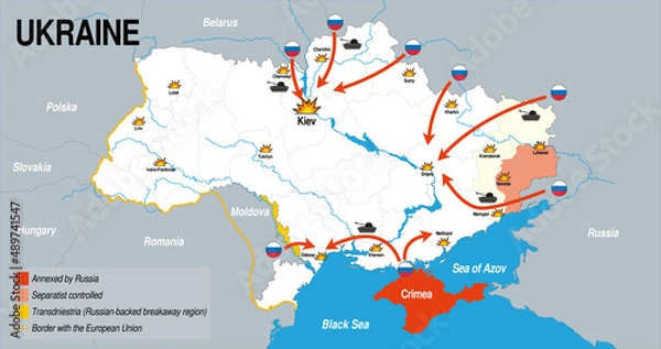 Fototapeta Map of the Russian invasion of Ukraine in blue, gray and white color