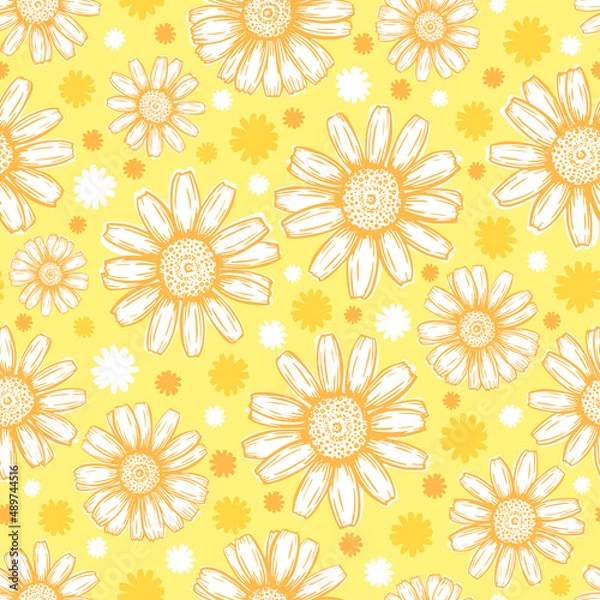 Fototapeta Daisy vector pattern flower sketch in abstract style on yellow background. Vintage, retro design. Seamless floral design.
