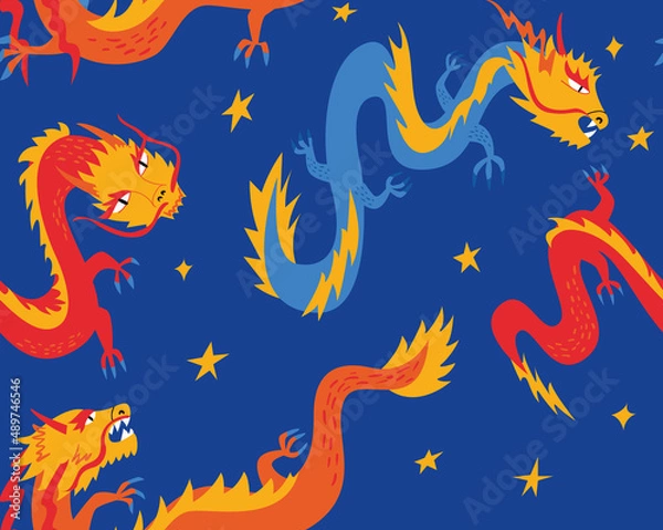 Fototapeta Night sky and asian dragons. Vector seamless pattern in japanese, chinese style. Festive blue background for textile, fashion, scrapbooking etc.