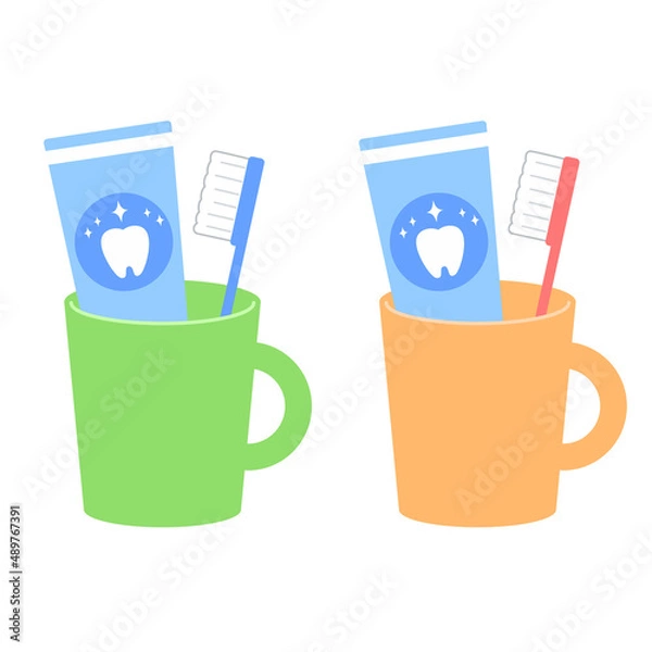 Obraz 歯ブラシと歯磨き粉とコップ