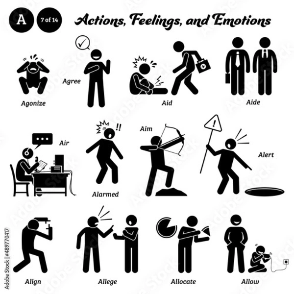 Obraz Stick figure human people man action, feelings, and emotions icons starting with alphabet A. Agonize, agree, aid, aide, air, alarmed, aim, alert, align, allege, allocate, and allow.
