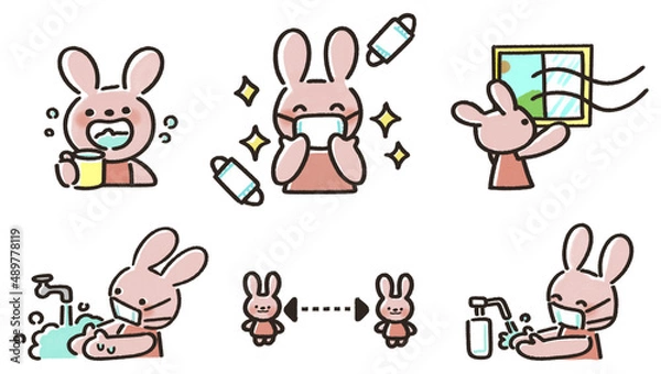 Obraz かわいいうさぎの感染症対策イラスト