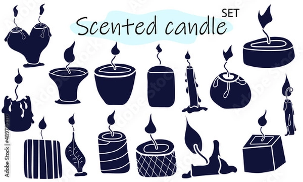 Obraz A set of scented candles with a burning fire. Candles for interior, lighting and romantic dates. Aromatherapy. Vector illustration in solid monochrome design on a white background.