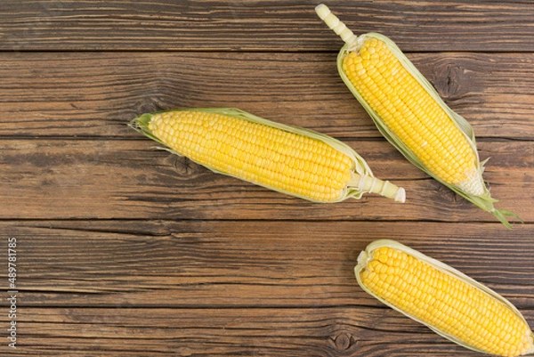 Fototapeta Fresh corn on the cob on a rustic wooden table - top view