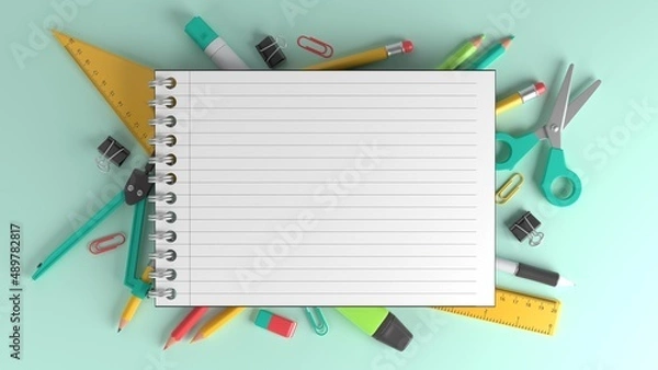 Obraz School supplies. Back to school background. 3D Render.