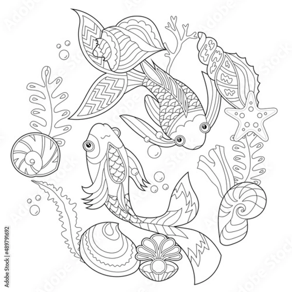 Fototapeta Contour linear illustration. Fish, seaweeds and ocean corals for coloring book. Cute objects, anti stress picture. Line art design for adult or kids in zentangle style and coloring page.