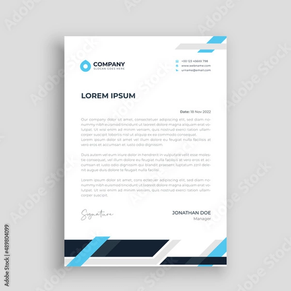 Fototapeta letterhead template vector, minimalist style, printing design, business template, flyer layout, Blue concept background