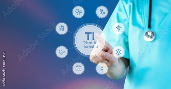 Fototapeta Telematikinfrastruktur (TI). Arzt zeigt auf digitales medizinisches Interface. Text umgeben von Icons, angeordnet im Kreis.