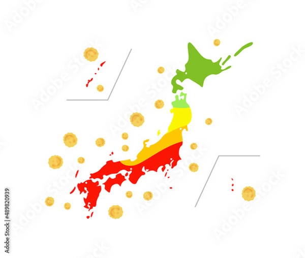 Obraz 日本地図と花粉で表現した花粉飛散（白背景）
