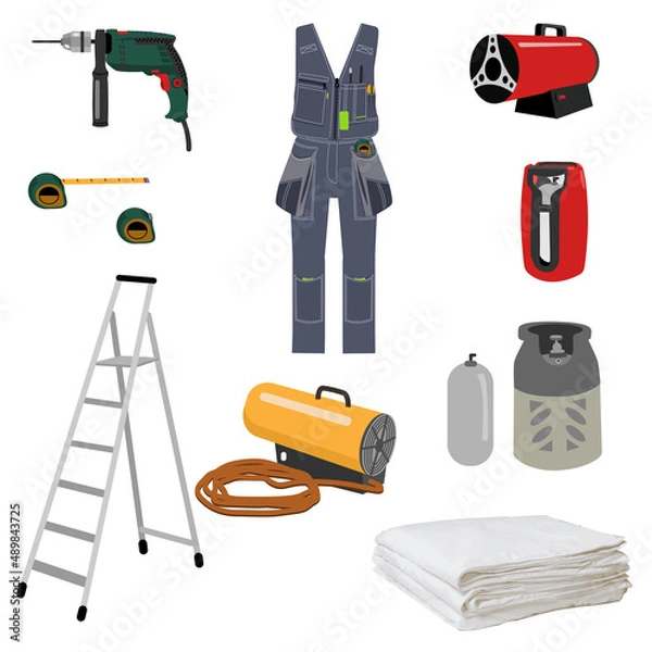 Obraz set of tools and equipment for installing a stretch ceiling. Vector image of a drill, a ladder, a master's clothes, a film, a gas cylinder and a gun for installing a stretch ceiling