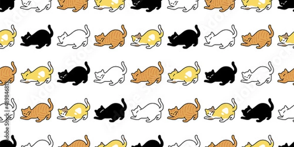Fototapeta cat seamless pattern kitten vector calico neko breed yarn ball character cartoon pet tile background repeat wallpaper animal doodle illustration design scarf isolated