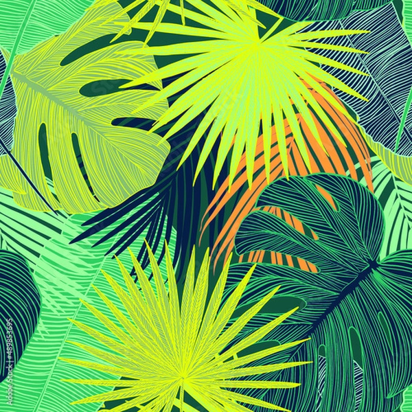 Fototapeta bright seamless vector patterns with juicy bright colorful tropical plants. Tropical seamless patterns for surface design and textile design.