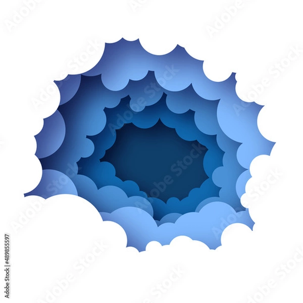 Fototapeta Cloudy paper cut art. Blue Night sky clouds paper craft style. Volumetric cloudscape. Round frame. Layered tunnel.