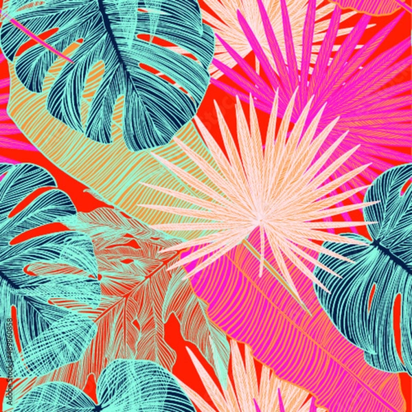 Fototapeta bright seamless vector patterns with juicy bright colorful tropical plants. Tropical seamless patterns for surface design and textile design.