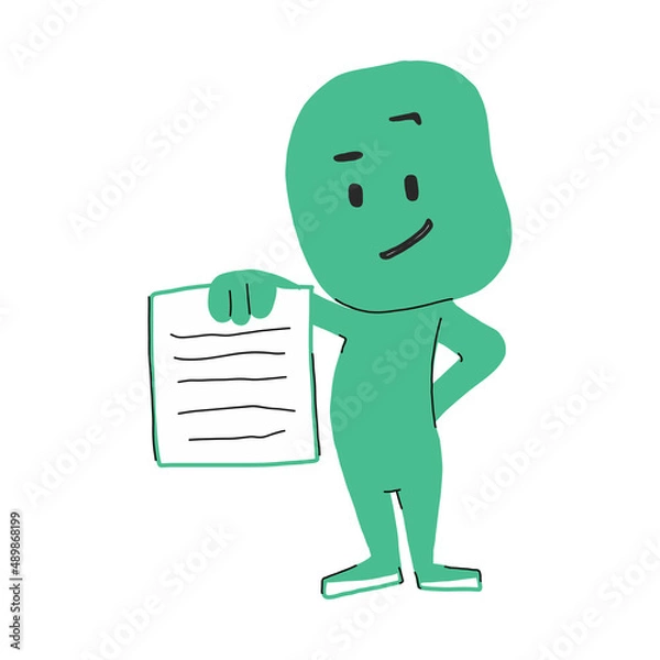 Fototapeta Cute smiling eco character is happy.Vector illustration with a flat cartoon face. Isolated on a white background. the green cute character holds a sheet of text in his hand