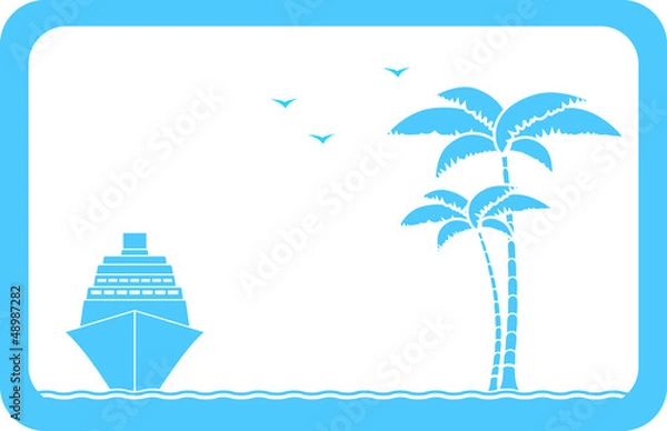 Obraz blue background with ship, palm and seagull and sample text
