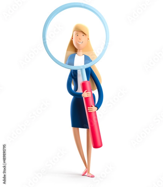 Fototapeta Young business woman Emma standing with magnifier glass on a white background. 3d illustration. Searching concept.