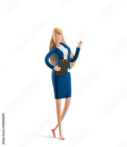 Obraz Young business woman Emma standing with folder on a white background. 3d illustration