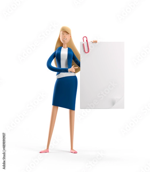 Obraz Young business woman Emma standing with paper document on a white background. 3d illustration