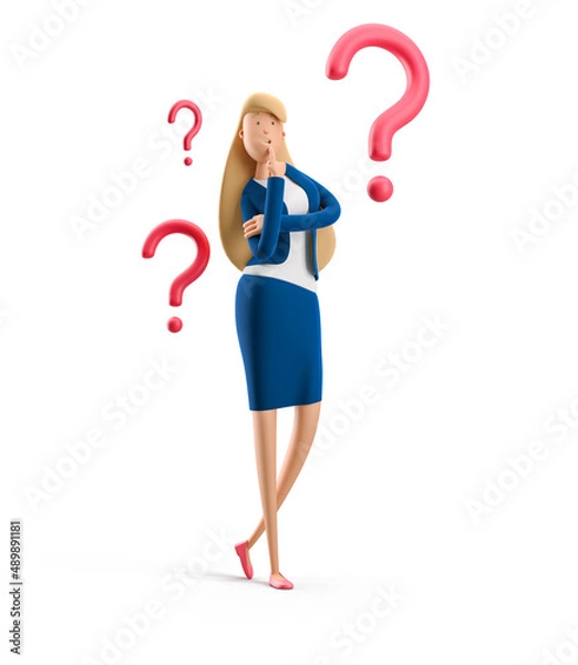 Fototapeta Young business woman Emma standing with question mark on a white background. 3d illustration