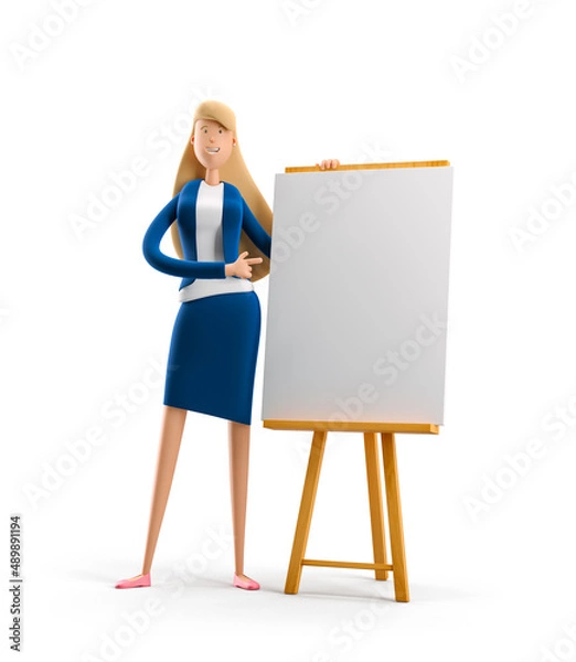 Obraz Young business woman Emma standing with dashboard on a white background. 3d illustration