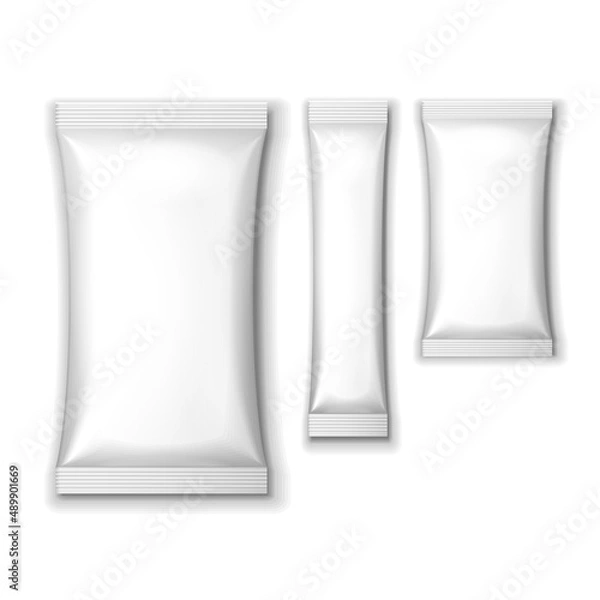 Fototapeta Mockup White Blank Foil Packaging Sachet Coffee, Salt, Sugar, Pepper Or Spices Stick Plastic Pack. Mock Up, Template Ready For Your Design. Illustration Isolated On White Background. Vector EPS10