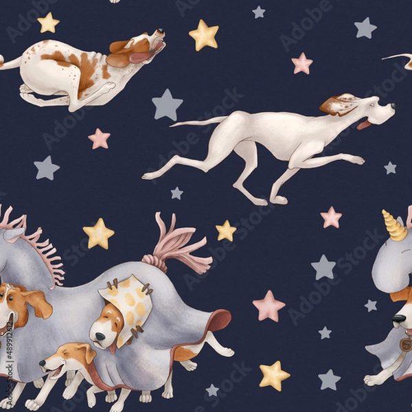 Obraz Seamless pattern dogs play and have fun on the background of the night sky.