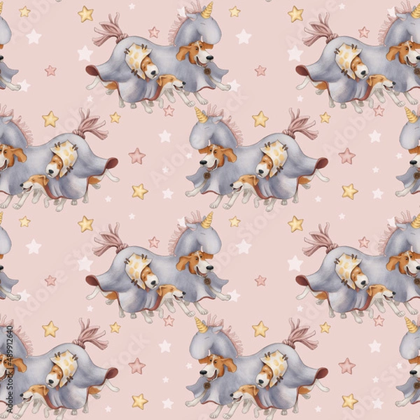 Obraz Seamless pattern, funny dogs in a unicorn costume on a pink background with stars.