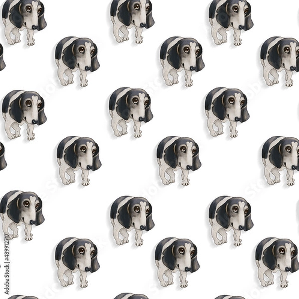 Fototapeta Seamless pattern with a cute black and white spotted dog on a white background.