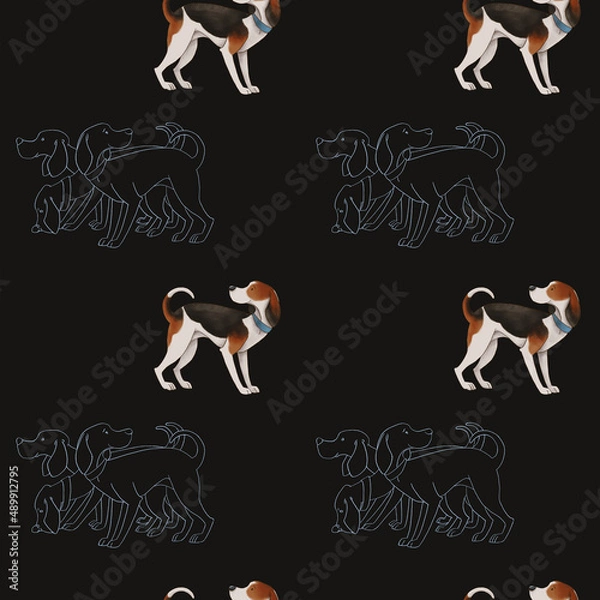 Obraz Seamless pattern with a flock of hunting hounds on a black background.