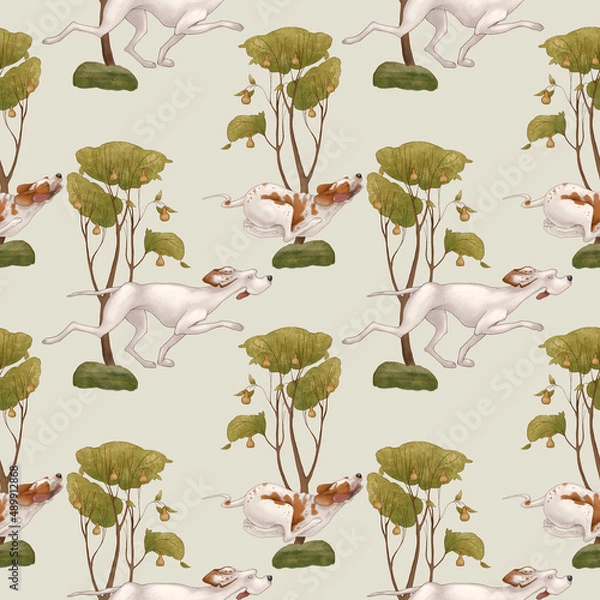 Obraz Seamless pattern on a light green background. Hound dogs run through the forest, hunt.