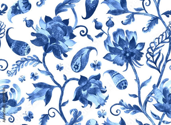 Fototapeta Paisley watercolor floral pattern. Jacobean floral tile: flowers, flores leaves. Oriental indian traditional hand painted water color whimsical seamless print design. Abstract india batik background