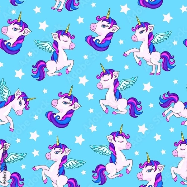 Fototapeta Seamless cute magical celestial vector pattern with unicorns, rainbows, stars, sky, wings, hearts.Seamless vector pattern with cute unicorns on blue background. Perfect for textile, wallpaper.