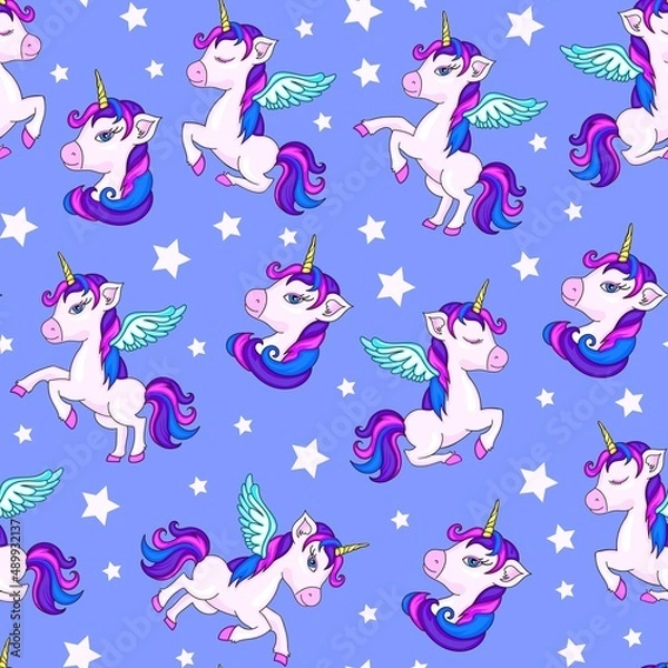 Fototapeta Seamless vector pattern with cute unicorns on lilac background.Seamless cute magical celestial vector pattern with unicorns, rainbows, stars, sky, wings, hearts. Perfect for textile, wallpaper...
