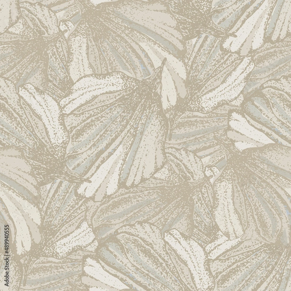 Obraz Wild meadow flower petal seamless vector pattern background. Textural monochrome neutral ecru beige backdrop with illustrative drawn flowers.Overlapping floral blooms botanical painterly repeat
