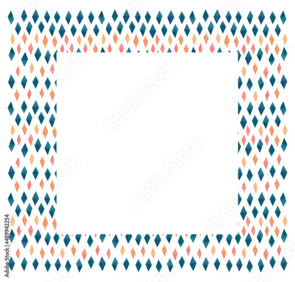 Fototapeta Watercolor frame with a geometric pattern made of rhombuses. Cute geo card with diamond-shaped mosaic on white background.