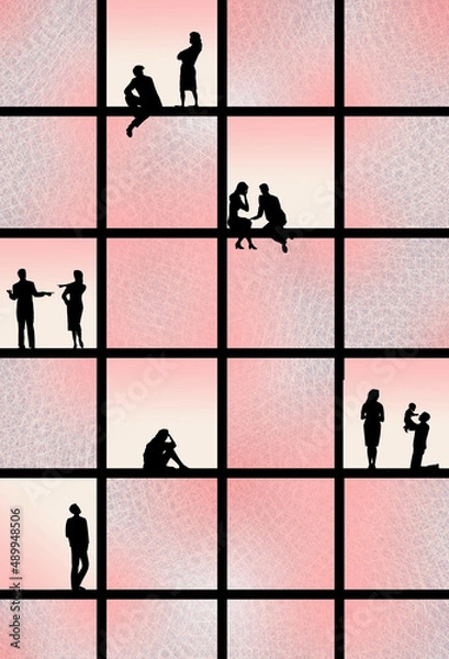 Fototapeta Couples are seen in windows in a 3-d illustration about relationships of men and women.