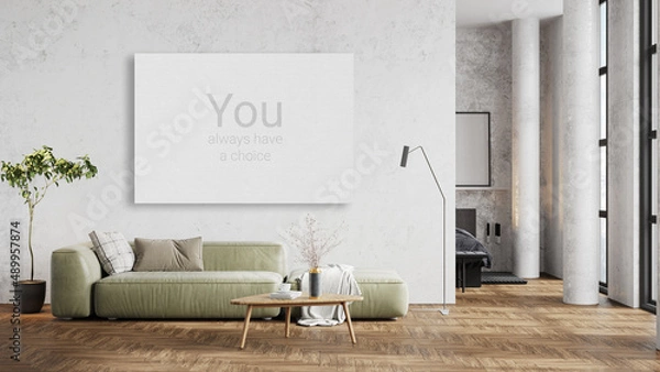 Fototapeta Mock up poster frame in modern interior background, living room, Boho - Scandinavian style, 3D render, 3D illustration