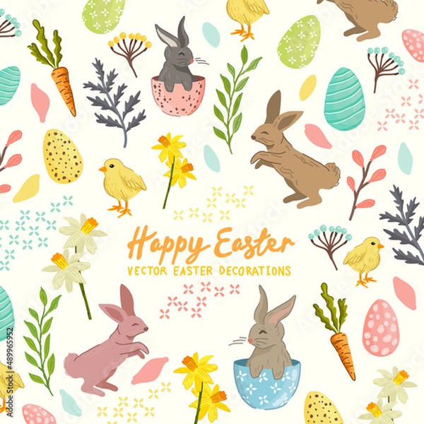 Fototapeta Vector Easter Background With Rabbits And Decorations