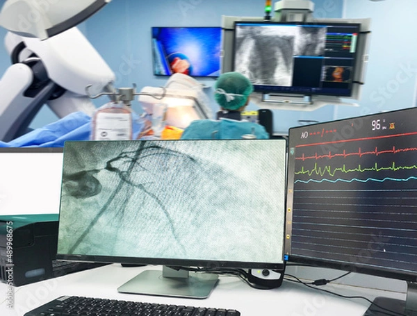 Fototapeta Coronary angiogram (CAG) on LCD monitor and Blurred of modern Cath Lab with the doctor, nurse, and patient in the operating room background