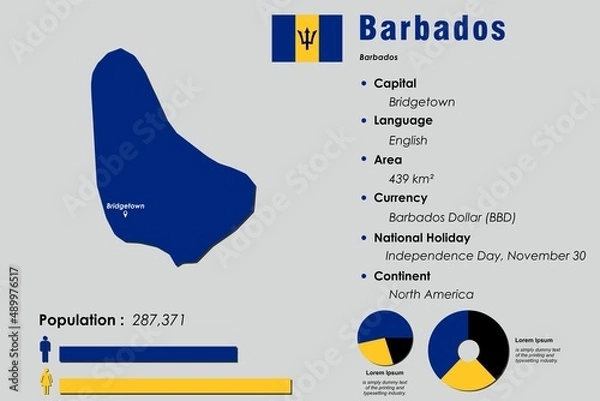 Fototapeta Barbados infographic vector illustration complemented with accurate statistical data. Barbados country information map board and Barbados flat flag