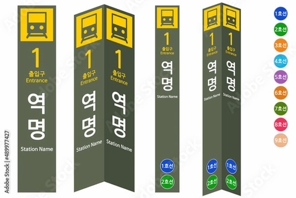 Fototapeta Korean subway sign pillar. The written text means the 'entrance', 'station name', and 'lines 1 to 9'. Vector illustrations set.