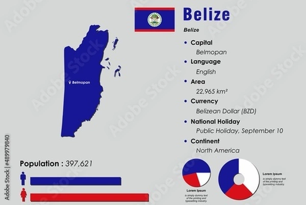 Fototapeta Belize infographic vector illustration complemented with accurate statistical data. Belize country information map board and Belize flat flag