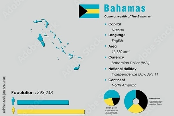 Fototapeta Bahamas infographic vector illustration complemented with accurate statistical data. Bahamas country information map board and Bahamas flat flag